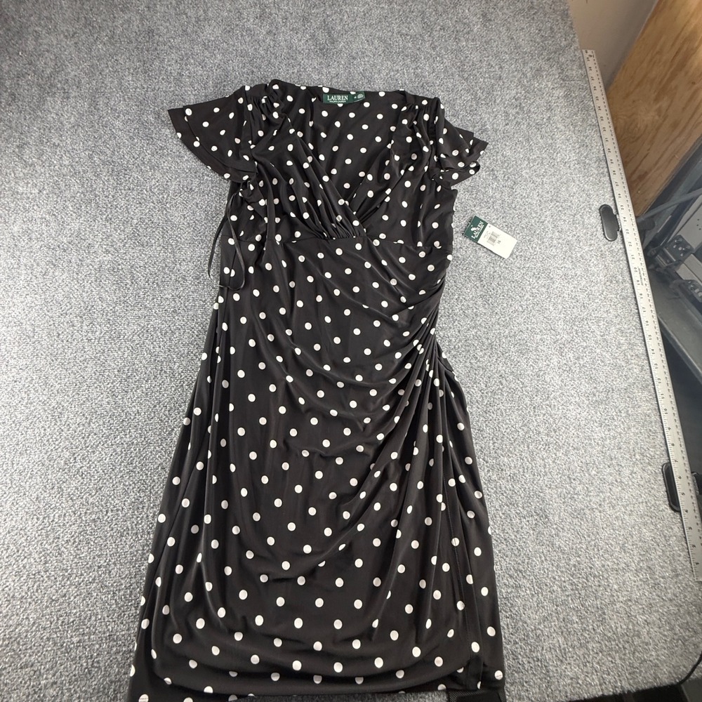 Lauren Ralph Lauren Black Polka Dot Surplice Ruched Sheath Dress Size 16 NWT